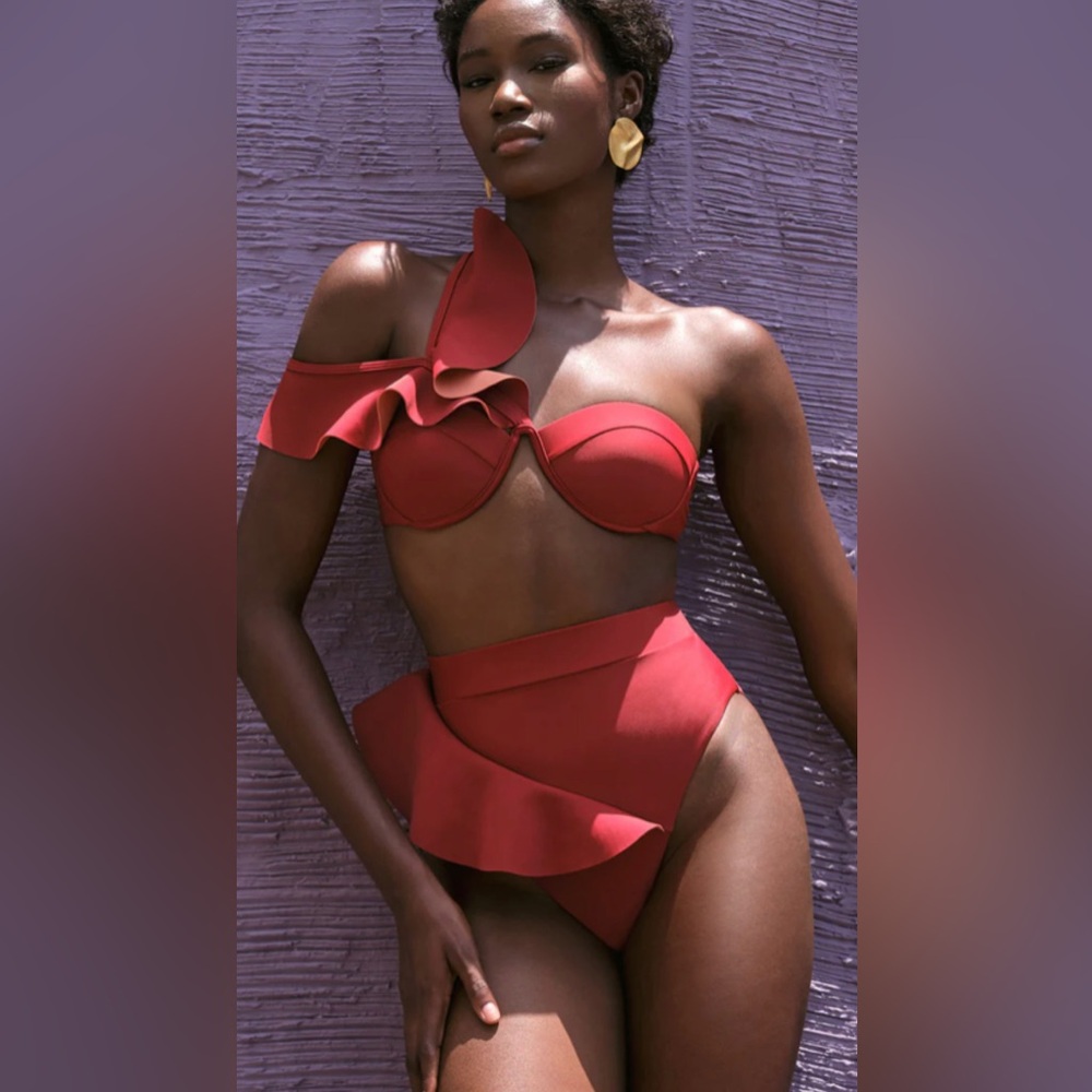 Andrea Iyamah Scarlet Ruffle One-Shoulder Bikini